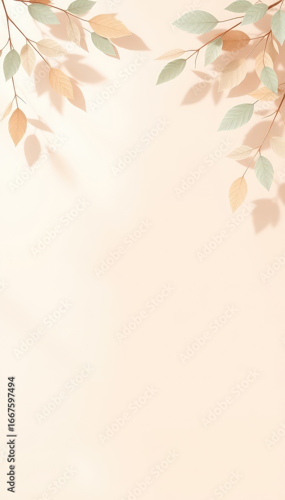 Poster soft pastel peach backdrop framed with delicate leafy branches casting shadows for graphic design pr