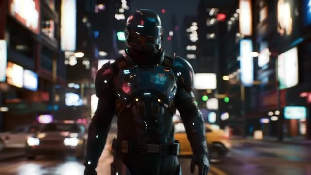 Futuristic armored figure walking through city street at night
