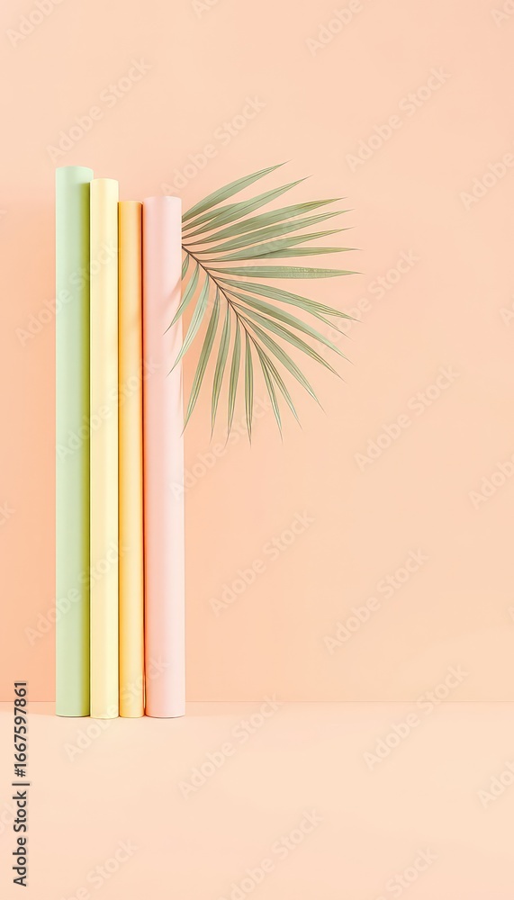 Aufkleber Pastel hued cylindrical forms positioned together with a leafy branch against a soft coral color backdrop for a minimalistic display