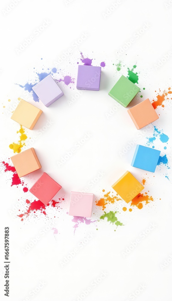 Aufkleber Pastel Cubes Arranged in Circular Pattern with Splatters of Matching Color on a White Background Creates an Abstract Design