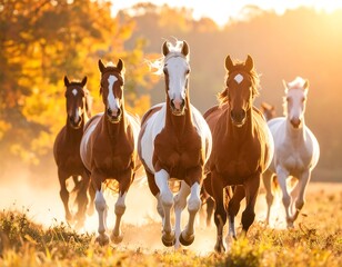 Horses Galloping Field Autumn Sunset