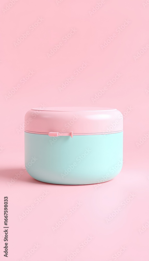 Poster minimalist container with lid resting on a pink surface, showing simplicity and clean design
