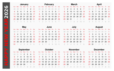 2026 Calendar Template with Vertical Red New Year Banner &ndash; Full Year Grid Layout, Sunday Start, Printable Wall Planner Design