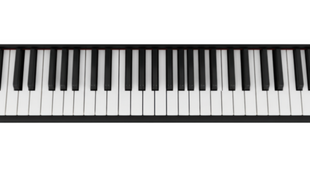 Acoustic Grand Piano Keys Showing Black and White Keys in Detail with a Wide Perspective on a Black Background