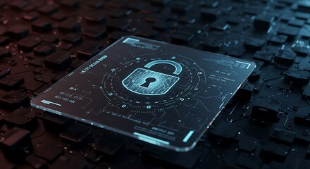 Digital lock icon in dark tech environment, sharp focus, dramatic lighting, authentic cybersecurity concept
