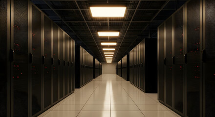 Modern Data Center Corridor with Server Racks and Illuminated Ceiling