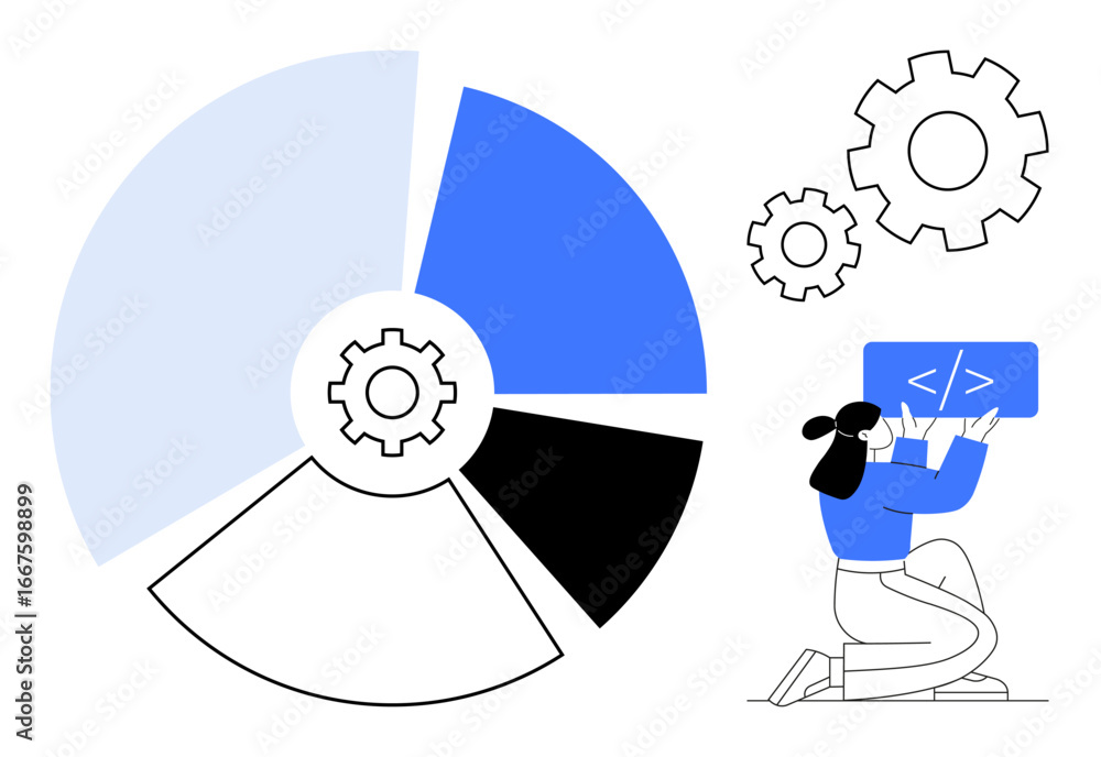 Poster pie chart in blue and black tones, gears symbolizing process optimization, person kneeling with codi