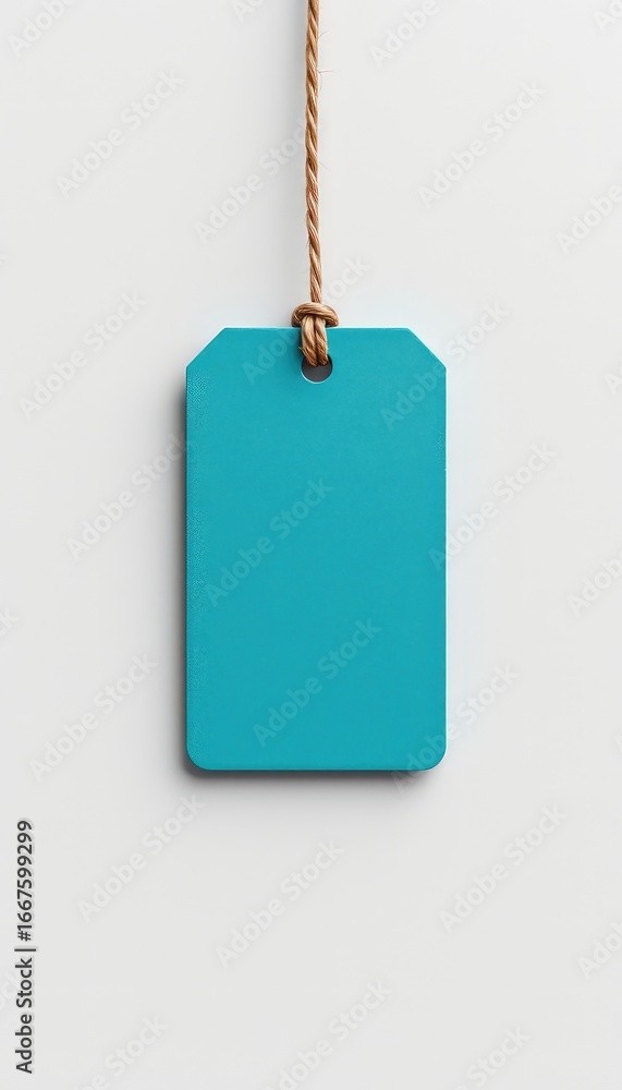 Poster hanging turquoise tag on string against a plain white background providing copy space for your messa