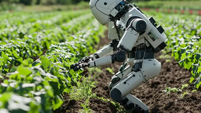 A robot is in a field of plants. The robot is white and has a black head. The robot is bending down to pick up a leaf