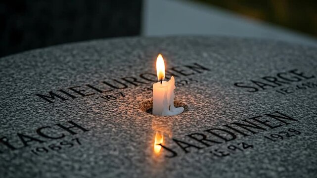 Memorial Candle Lighting on Gravestone with Names and Dates Honoring Deceased Loved Ones, Symbol of Remembrance and Tribute for Funerals, Cemeteries, and Memorial Services