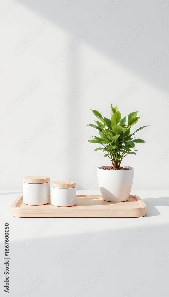 Poster plant and containers on a neutral tray sitting in a simple setting with natural light from a window