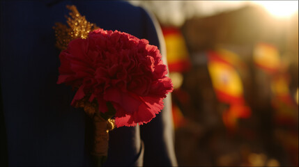 A red carnation pinned on a navy blue jacket, golden sunlight filtering through festive flags and confetti.