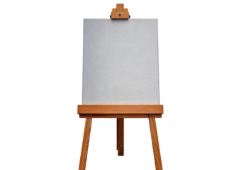 A blank canvas rests on a wooden easel, ready for an artist's touch isolated on transparent or white background
