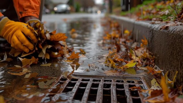 A man in yellow gloves is picking up leaves from a gutter. The leaves are wet and the man is wearing gloves to protect his hands