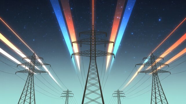 Ai generated image of abstract digital art of power lines and electricity pylons against a night sky with colorful light beams