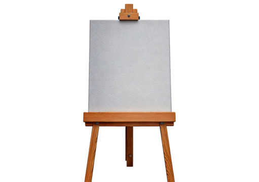 A blank canvas rests on a wooden easel, ready for an artist's touch isolated on transparent or white background - Powered by Adobe
