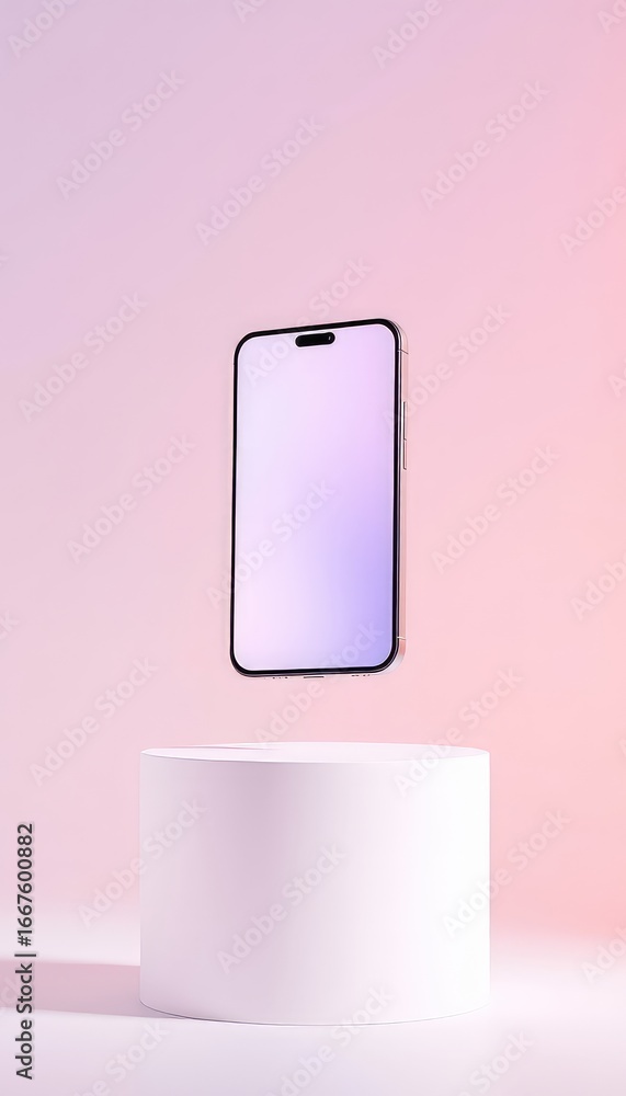 Poster modern mobile communication device floating above a solid white cylinder against a soft pink gradien