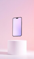 Modern mobile communication device floating above a solid white cylinder against a soft pink gradient backdrop