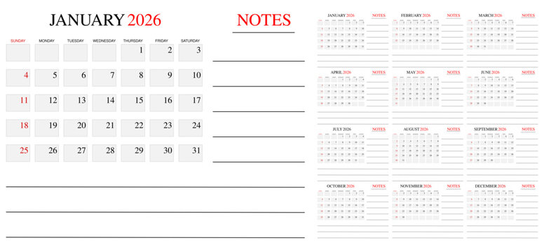 2026 Calendar with Notes Section – Large January View, Full Year Mini Grid, Red Highlights, Sunday Start, Printable Planning Template