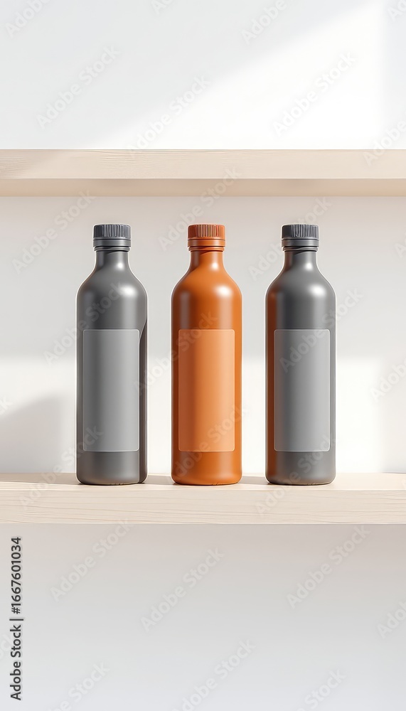 Poster three bottles in a row on a shelf with empty labels in warm light ready for product placement