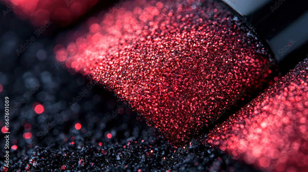 Poster macro of red glitter on black with a sparkly effect,up by nha vu