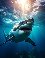 Obraz premium Great white shark underwater, sunlit scene