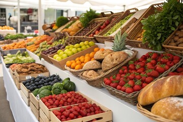 Table full of fruits and vegetables including strawberries, oranges