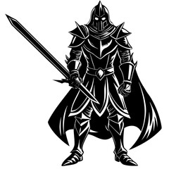Obraz premium Black Silhouette of a Knight in Ornate Armor with a Sword and Flowing Cape on a White Background warrior