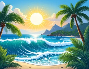 Obraz premium Vibrant tropical beach paradise illustration with a bright sun, rolling ocean waves, and lush palm trees framing the seascape