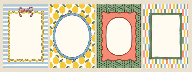 Romantic style frames. Place for text. Scallop, wavy shaped backgrounds. Design for card, quote, poster. Cute, coquette design. Vintage, retro, nostalgic frame.