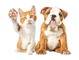 Adorable English Bulldog Puppy and Playful Cat Duo with Waving Paw isolated on a transparent background
