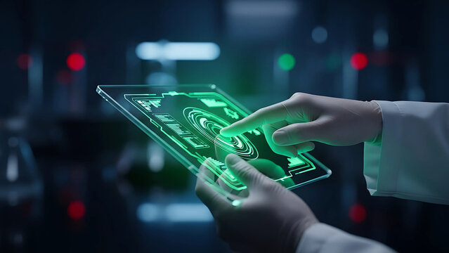 A scientist in a lab coat interacts with a futuristic transparent tablet displaying a glowing green holographic interface. - Powered by Adobe