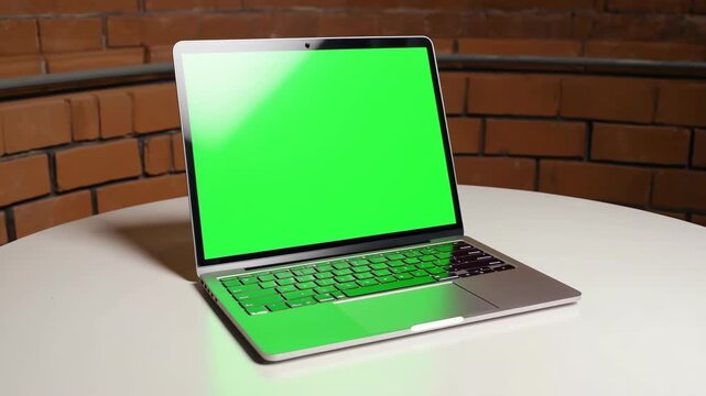 Silver Laptop with Green Screen on White Table Against Brick Wall Background