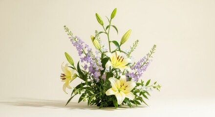 Fototapeta premium Floral arrangement of pale yellow lilies and lavender sprigs