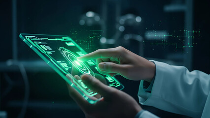 A researcher's hands operate an advanced transparent digital interface displaying vibrant green data in a high-tech laboratory.