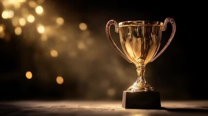 A gleaming golden trophy sits prominently on a wooden surface, illuminated by soft, shimmering lights in the background, symbolizing victory and achievement in competitive events