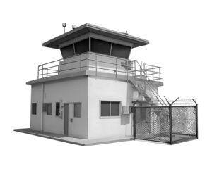 Modern Security Guard Post with Observation Tower and Barbed Wire Fence isolated on a transparent background