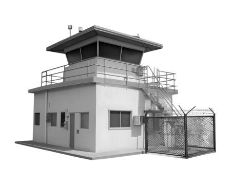 Modern Security Guard Post with Observation Tower and Barbed Wire Fence isolated on a transparent background