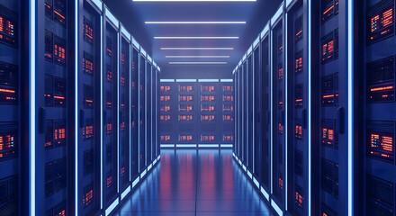 Futuristic Data Center Corridor with Glowing Server Racks and Network Infrastructure