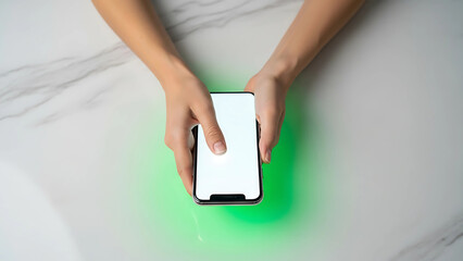 Fototapeta premium Top-down view of a person's hands using a smartphone with a blank screen, emitting a green glow onto a white marble table.