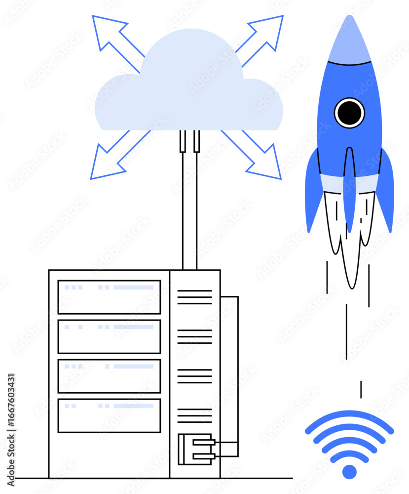 Poster cloud sending data from servers represented by arrows, paired with a rocket and wireless symbol. ide