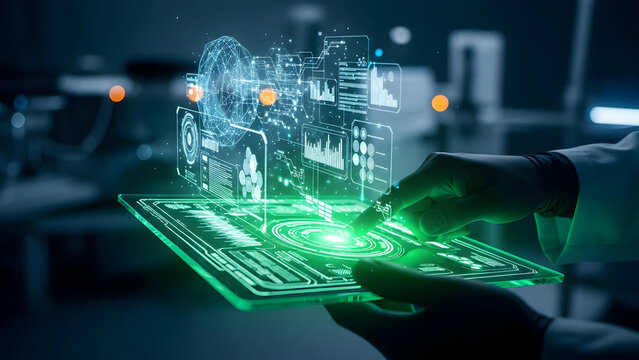 Hands interact with a futuristic holographic interface displaying data visualizations and charts in a laboratory setting.