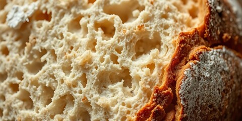 Fototapeta premium Close-up of rustic sourdough bread crumb texture, showing air pockets and golden-brown crust, artisan, golden