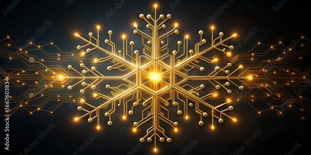 Poster a glowing digital snowflake with intricate circuit patterns, symbolizing technologys embrace of wint