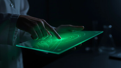 A scientist interacts with a glowing holographic tablet displaying complex data patterns in a dark laboratory setting.