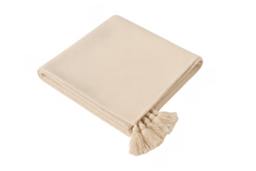 Folded beige blanket with tassels on transparent background