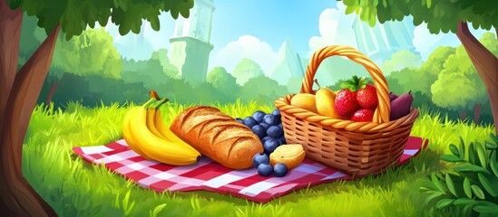 Picnic basket filled with fruits and bread on a checkered tablecloth in a grassy park.