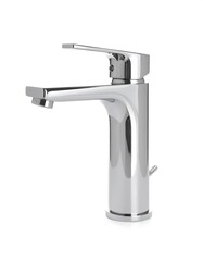 Sleek, modern chrome faucet with a single lever handle and cylindrical base, isolated on white