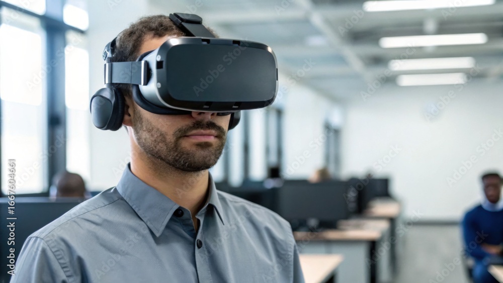 Poster a man wearing a virtual reality headset in an office environment, exploring immersive technology whi