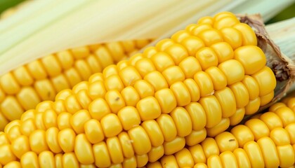 Close-up of sweet corn ears, vibrant yellow kernels, husk partially removed,  natural, sweet corn